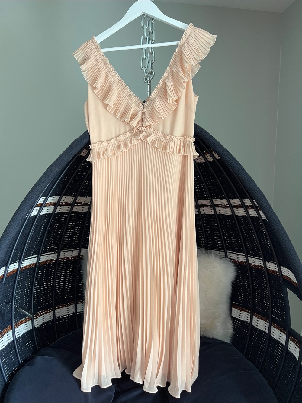 Sezane Light Pink Ruffle Pleated Midi Dress
